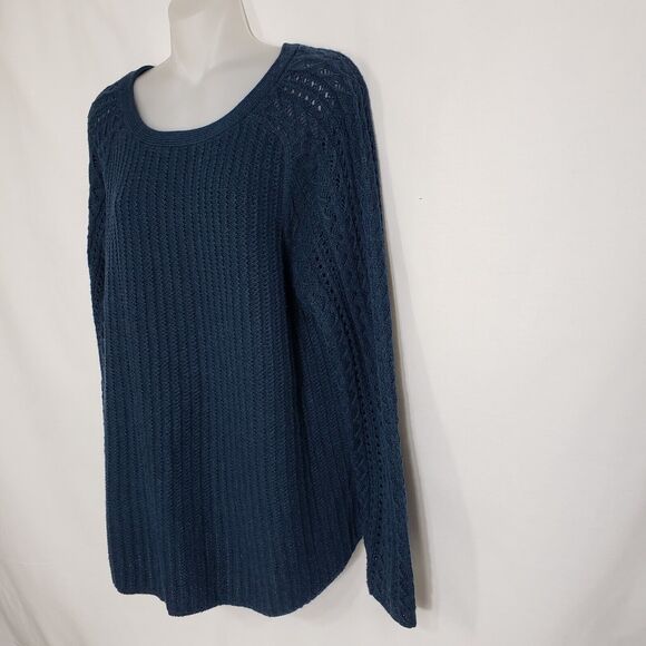 Ann Taylor Loft Womens Sweater Large Blue Cable Open Knit Round Neck Wool Blend - Picture 6 of 10